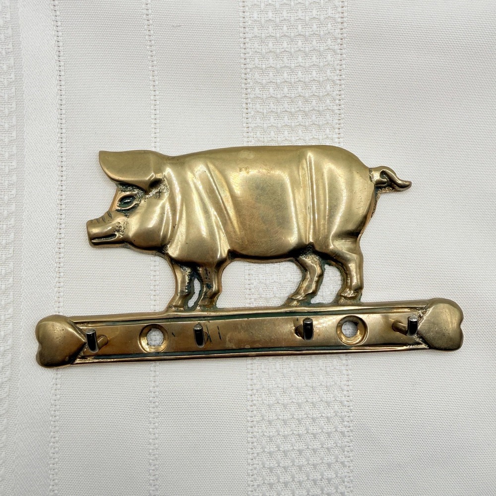 Vintage Solid Brass Pig Piggy Wall Hook Farmhouse Kitchen Key Rack Wall Hanger